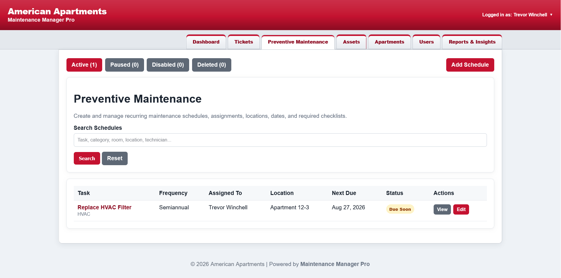 Preventive maintenance schedules